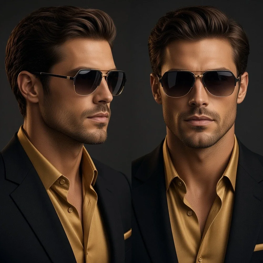 Mens Geometric Fashion Sunglasses Gold Black Frame Black Gradient Lens Driving